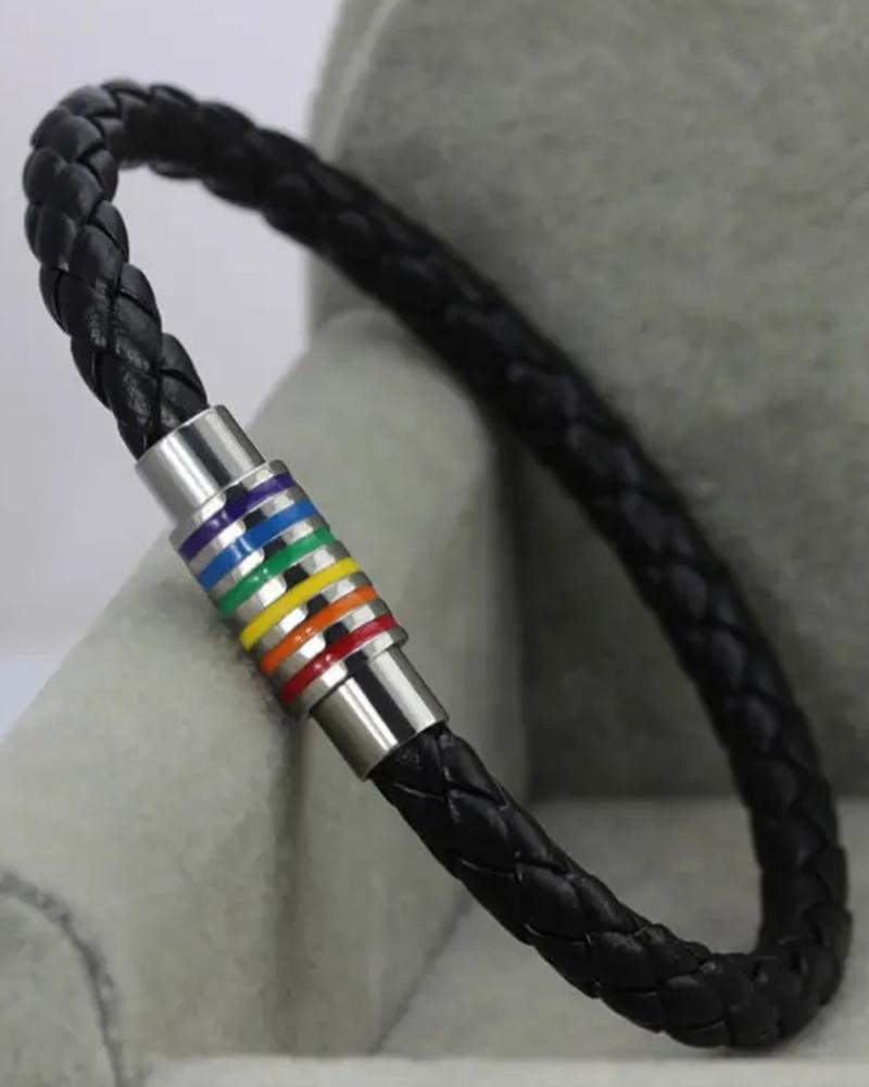 

1pc Rainbow Stripe Braided Magnet Bracelet, Silver