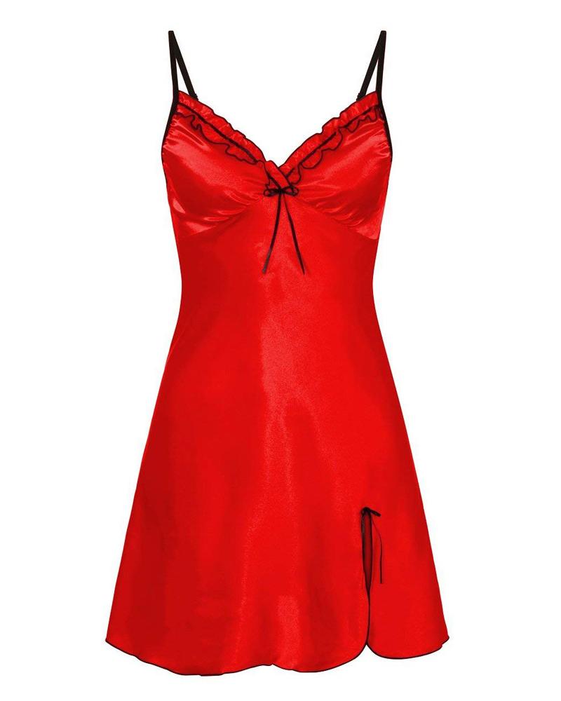 

Spaghetti Strap Bowknot Decor Slit Sleep Dress, Red