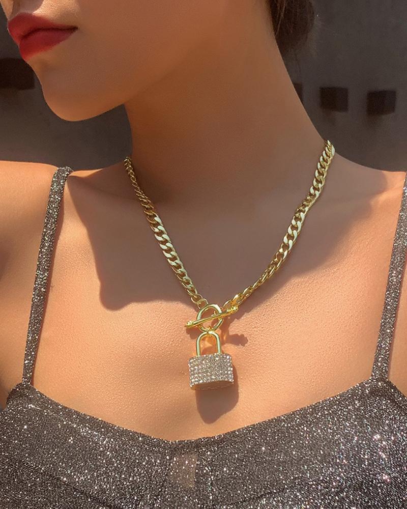 

Studded Lock Pendant OT Chain Necklace, Gold