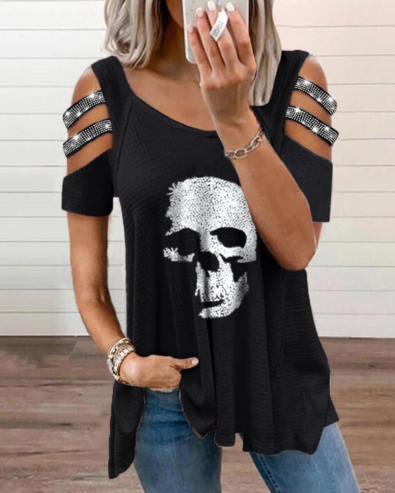 

Skull Print Studded Cutout Waffle Knit T-shirt, Black