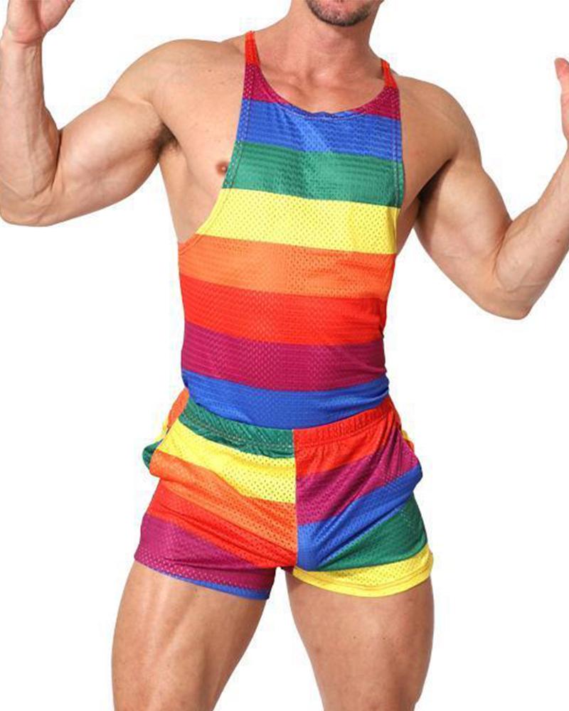 

Rainbow Striped Sleeveless Tank Top With Underpants Suit Sets, Multicolor