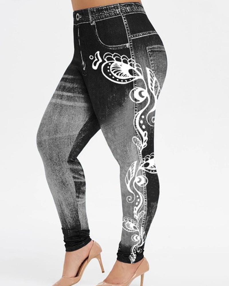 

Plus Size Floral Denim Look Print High Waist Leggings, Black