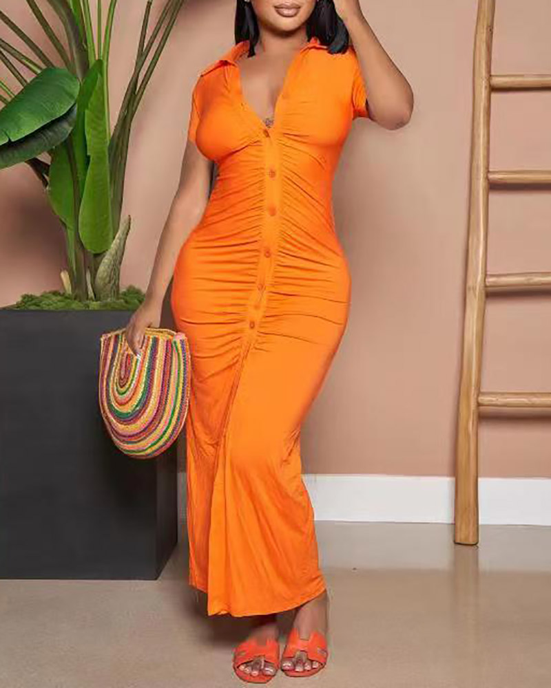 

Button Design Ruched Short Sleeve Maxi Dress, Orange