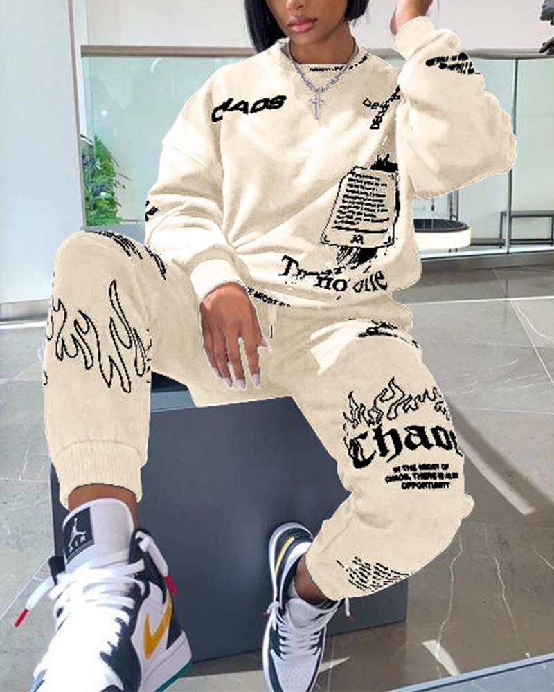 

Letter Print Long Sleeve Loose Sweatshirts Suit Set, Beige