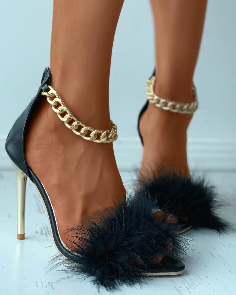 

Feather Detail Chain Ankle Strap Stiletto Heels, Black
