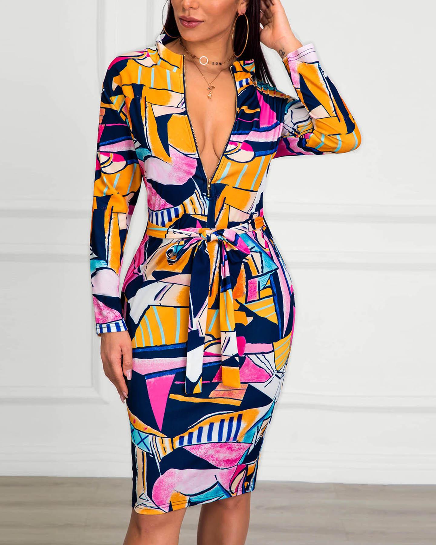 

Digital Print Zipper Design Bodycon Dress, Multicolor