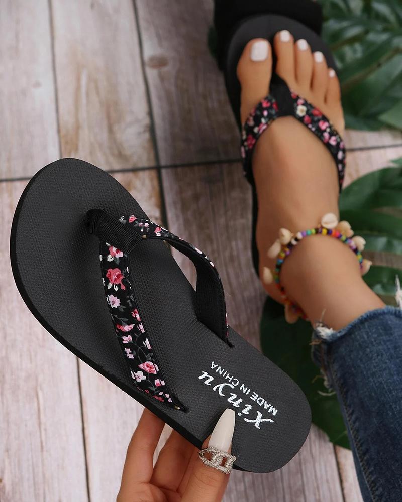 

Letter Floral Print Toe Post Flip Flops, Black