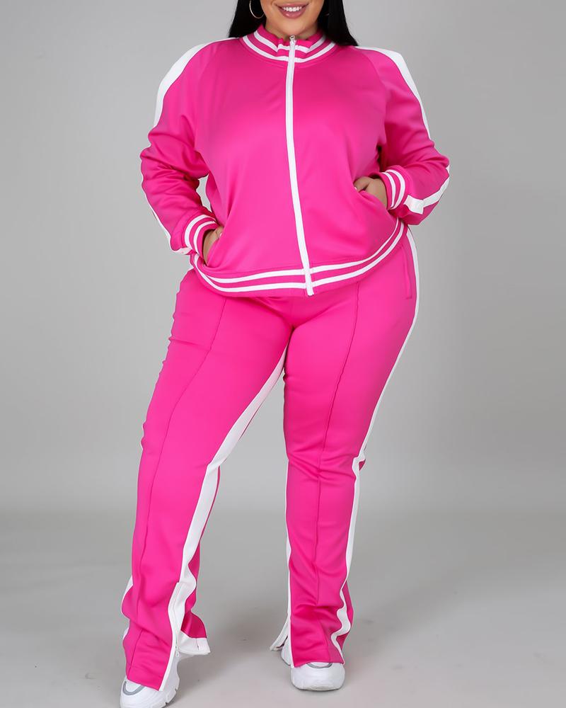 

Plus Size Cold Shoulder Striped Tape Zipper Design Top & Pants Set, Pink