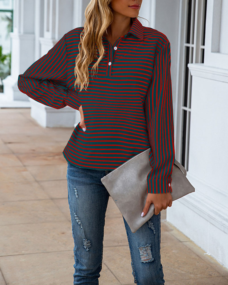 

Striped Long Sleeve Button Blouse, Green