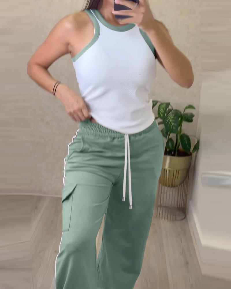 

Contrast Binding Ribbed Tank Top & Drawstring Cargo Pants Set, Green