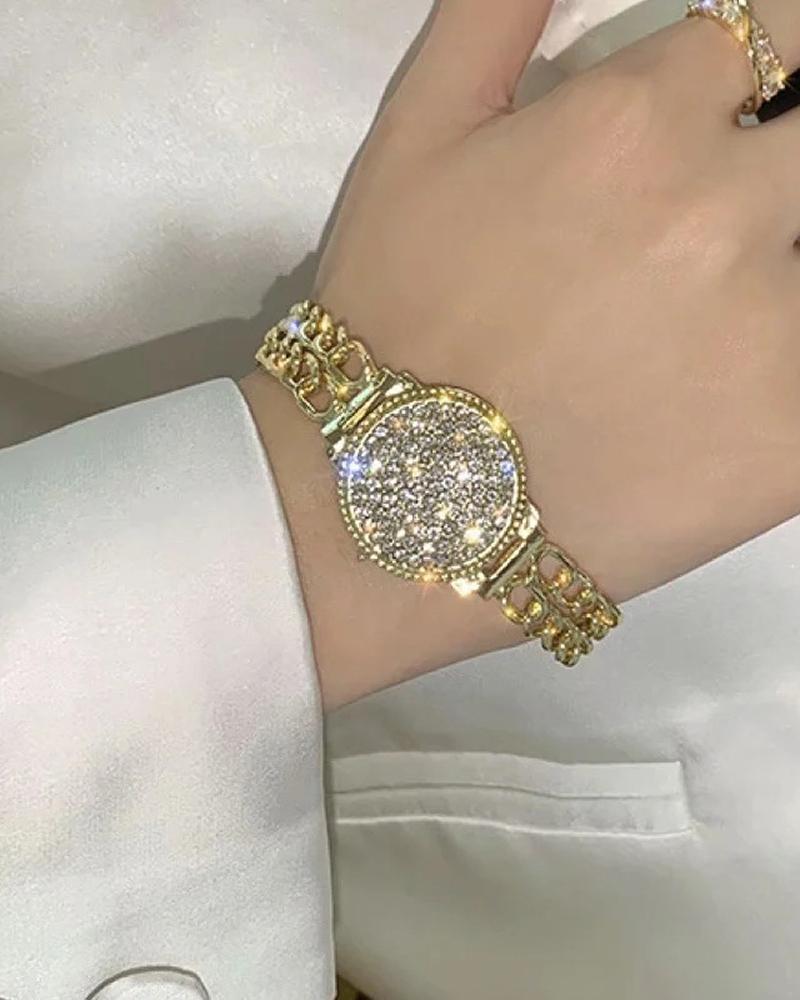 

Full Rhinestone Quartz Watch Chain Band Watch, Gold