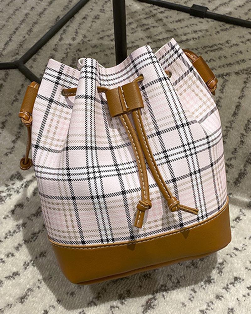 

Plaid Print Drawstring Bucket Bag, Style3