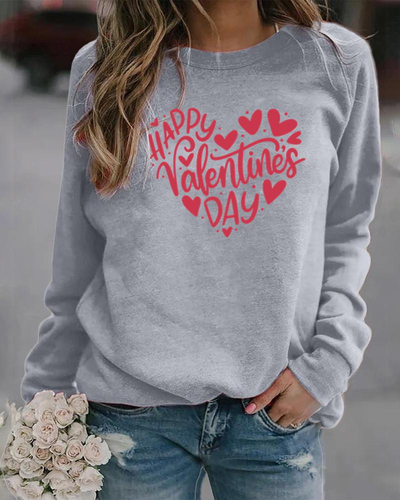 

Valentine' Day Heart Letter Print Long Sleeve Top, Gray