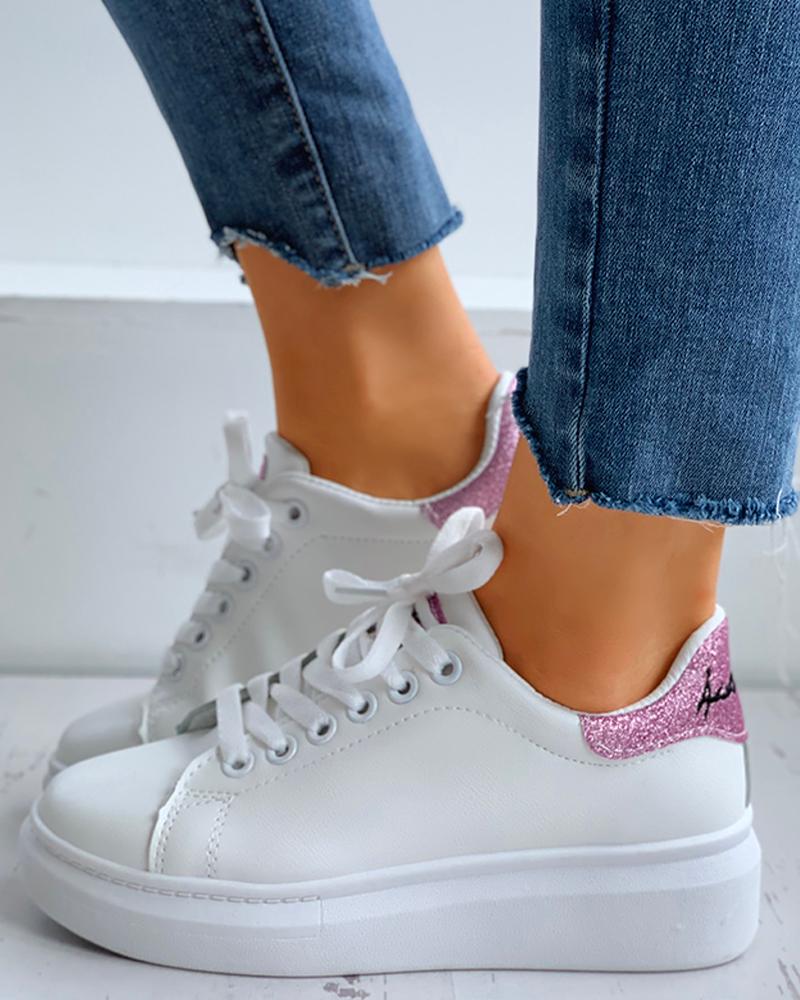 

Glitter Letter Embroidery Lace-Up Casual Sneakers, Pink