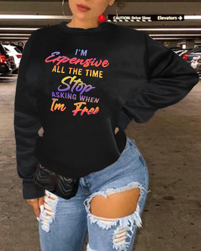 

Plus Size Letter Print Long Sleeve Top, Black