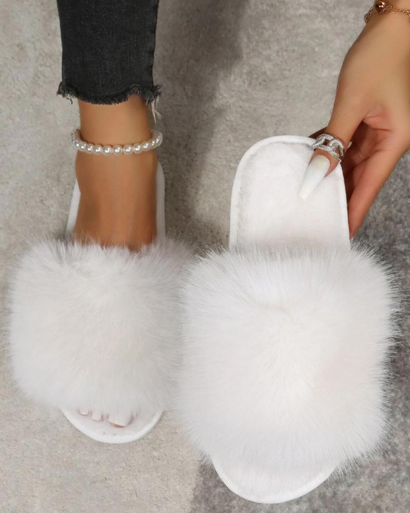 

One Strap Fuzzy Slippers, White