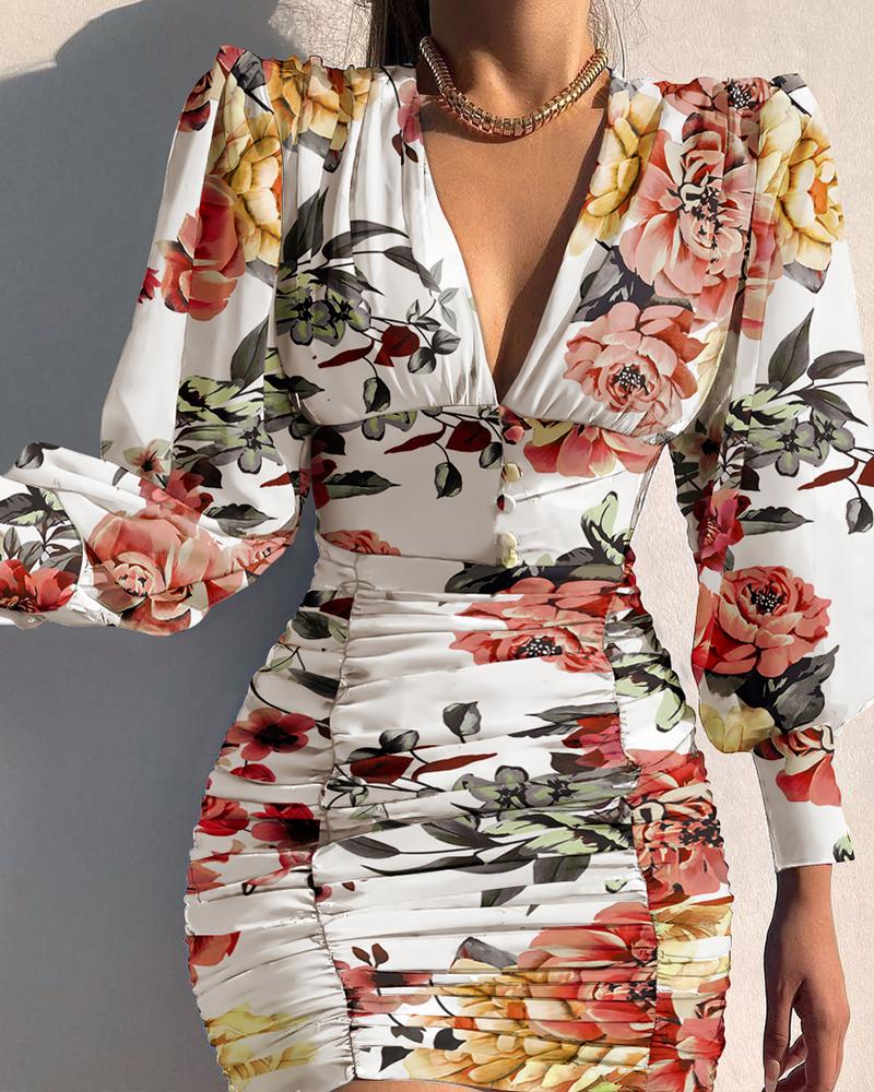 

Lantern Sleeve Floral Print Ruched Bodycon Dress, Multicolor