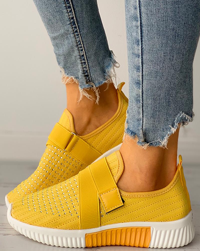 

Rhinestone Decor Breathable Casual Sneaker, Yellow