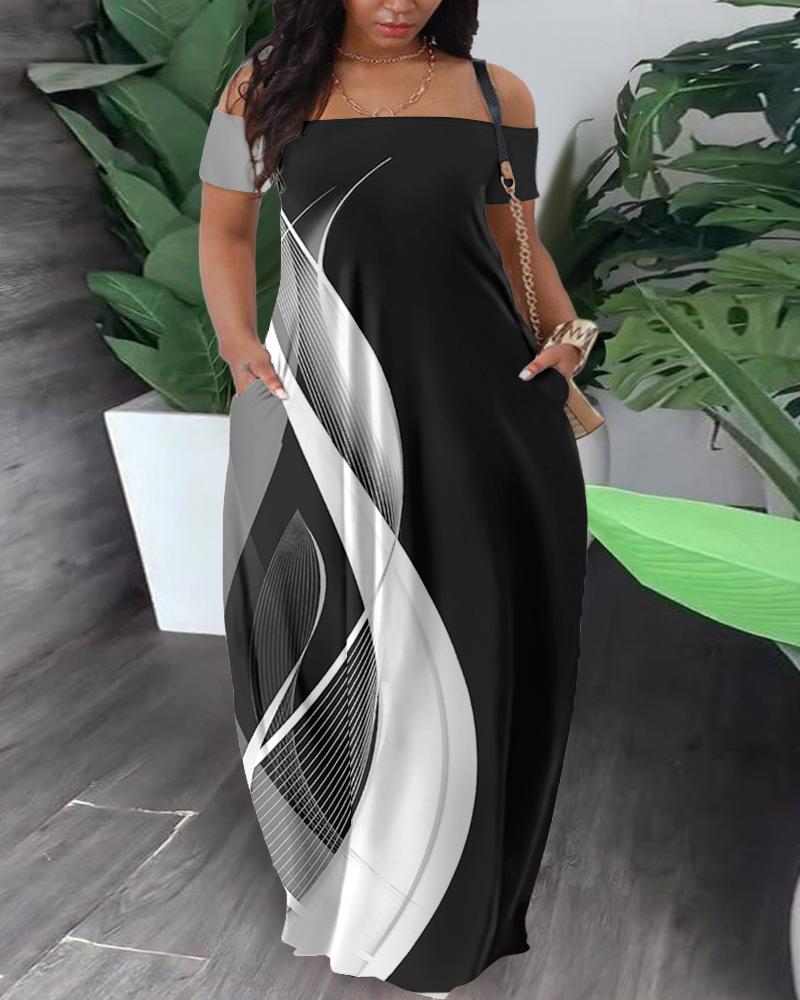 

Plus Size Abstract Print Colorblock Off Shoulder Maxi Dress, Black