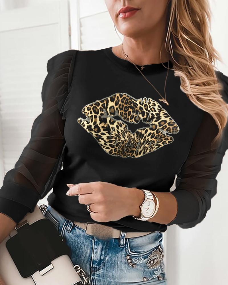 

Sheer Mesh Cheetah Lip Print Puffed Sleeve Top, Black