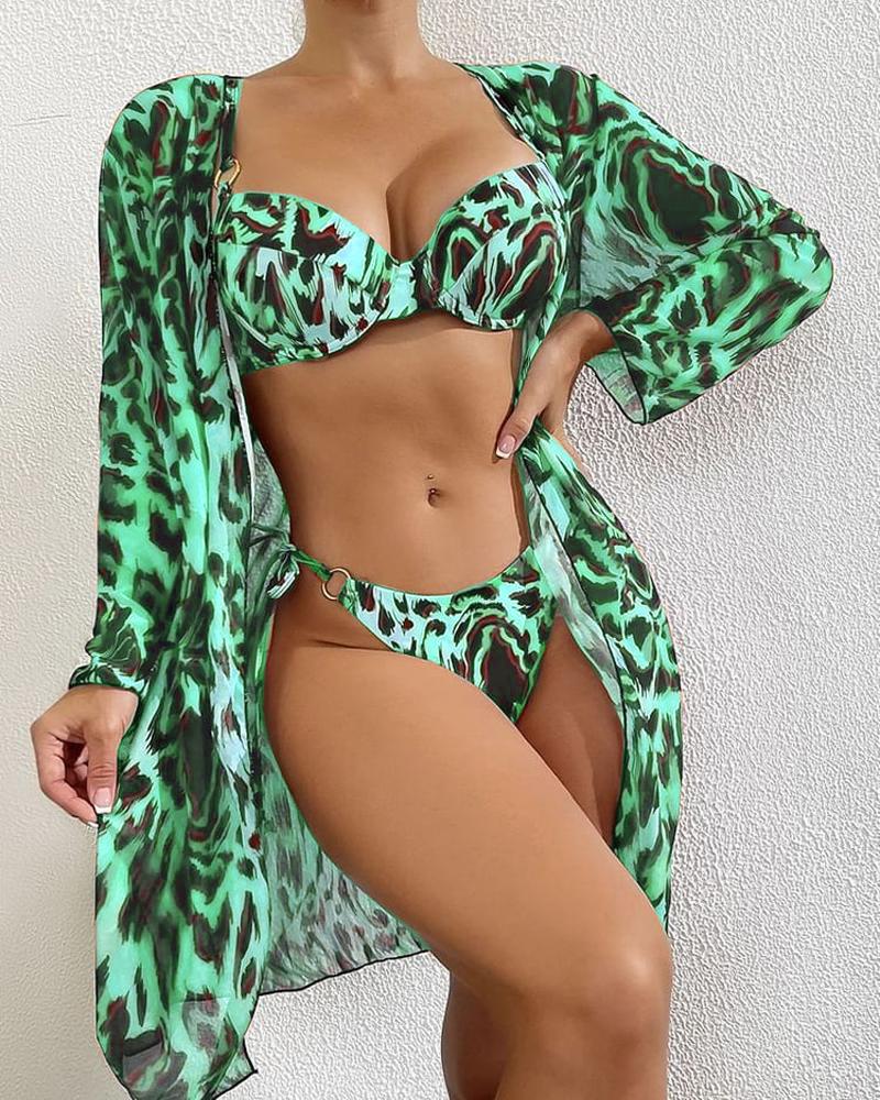 

3PCS Leopard Print Bikini Set With Cover Up, Green