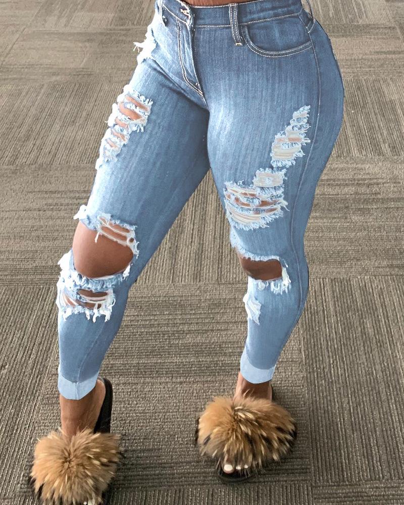 

Plus Size Ladder Cutout Fringe Hem Ripped Jeans, Blue