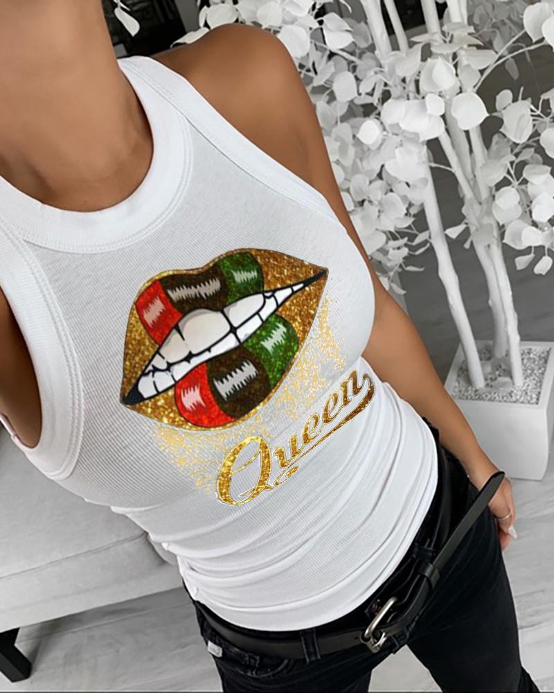 

Lip Letter Print Ribbed Tank Top, White