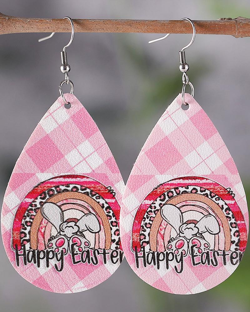 

1Pair Happy Easter Bunny Pink And White Plaid Waterdrop Hook Earrings