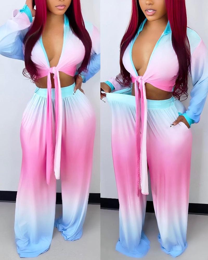 

Ombre Knotted Top & Wide Leg Pocket Design Pants Set, Multicolor