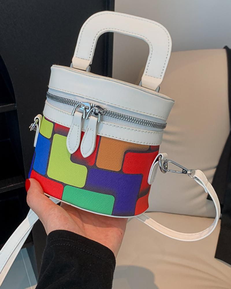 

Colorblock Zipper Detail Bucket Crossbody Handbag, White