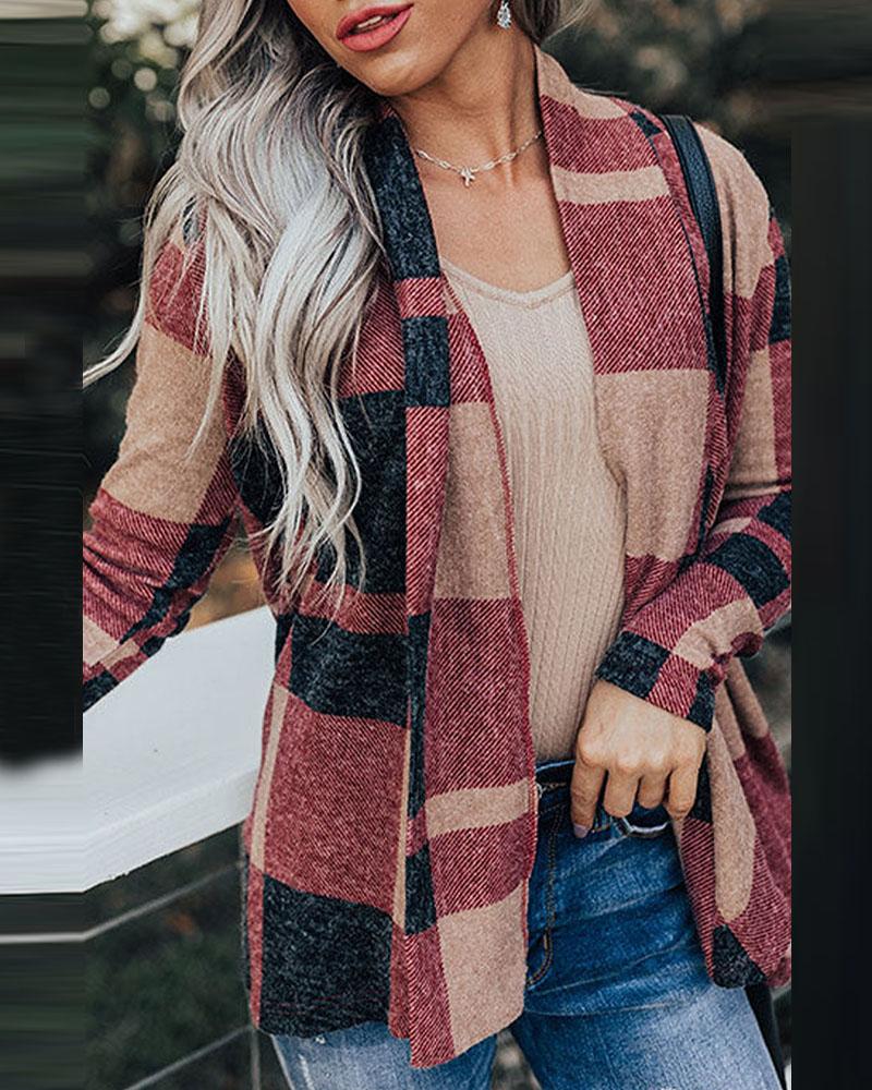 

Plaid Print Long Sleeve Open Front Coat, Red