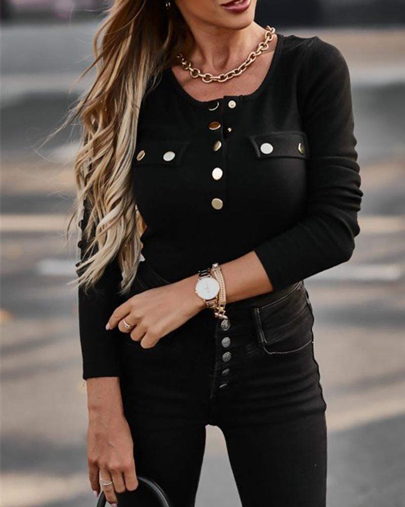 

Long Sleeve Button Front Casual Top, Black