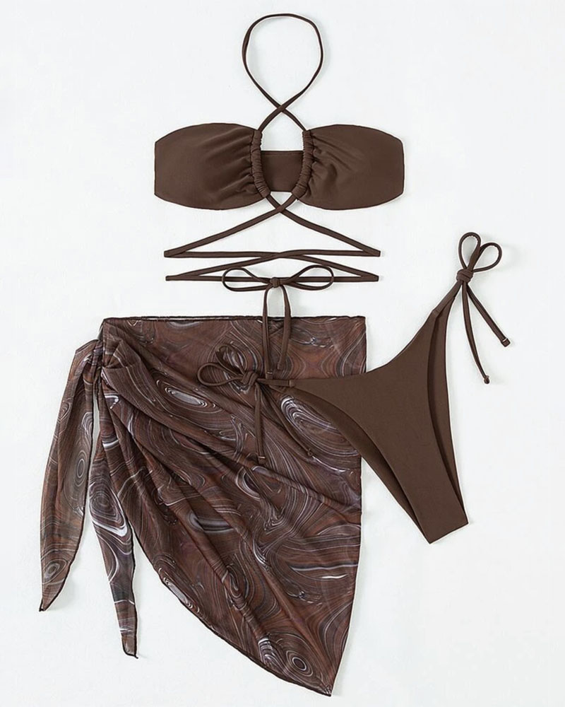 

3PCS Halter Bikini Set With Marble Print Sheer Mesh Cover Up, Coffee