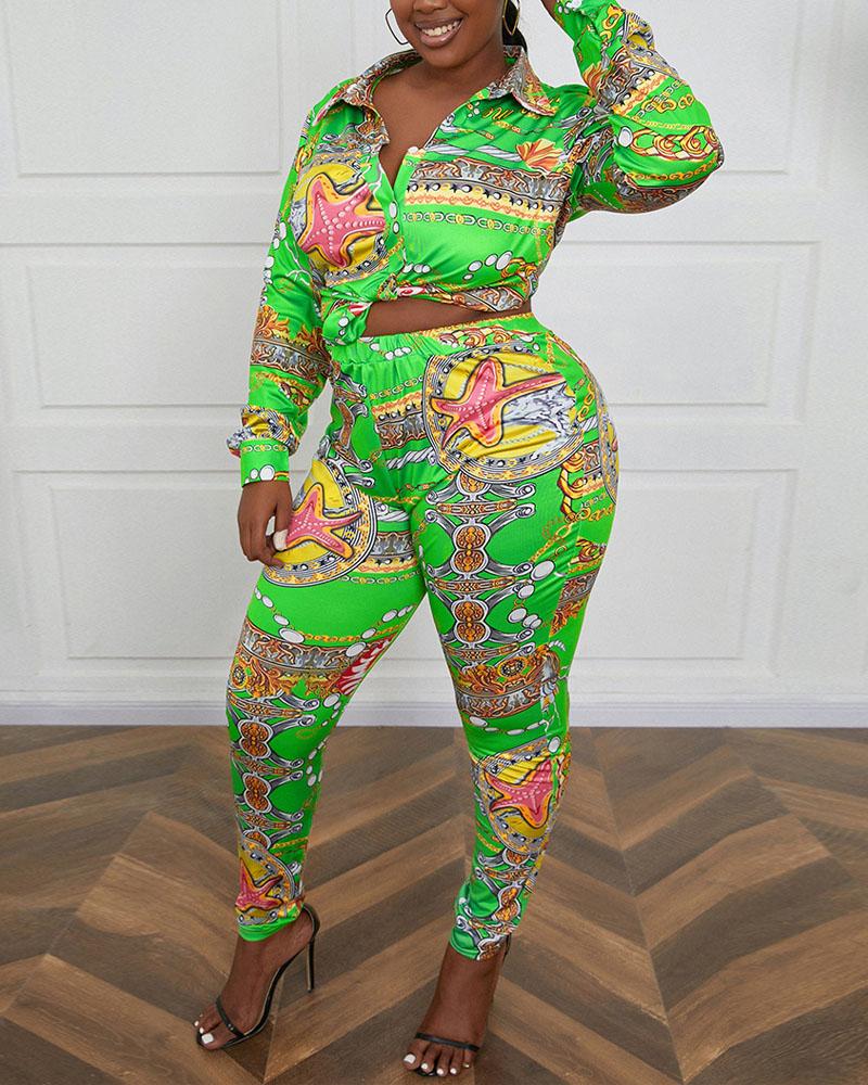 

Plus Size Scarf Chain Print Long Sleeve Shirt & Pants Set, Green