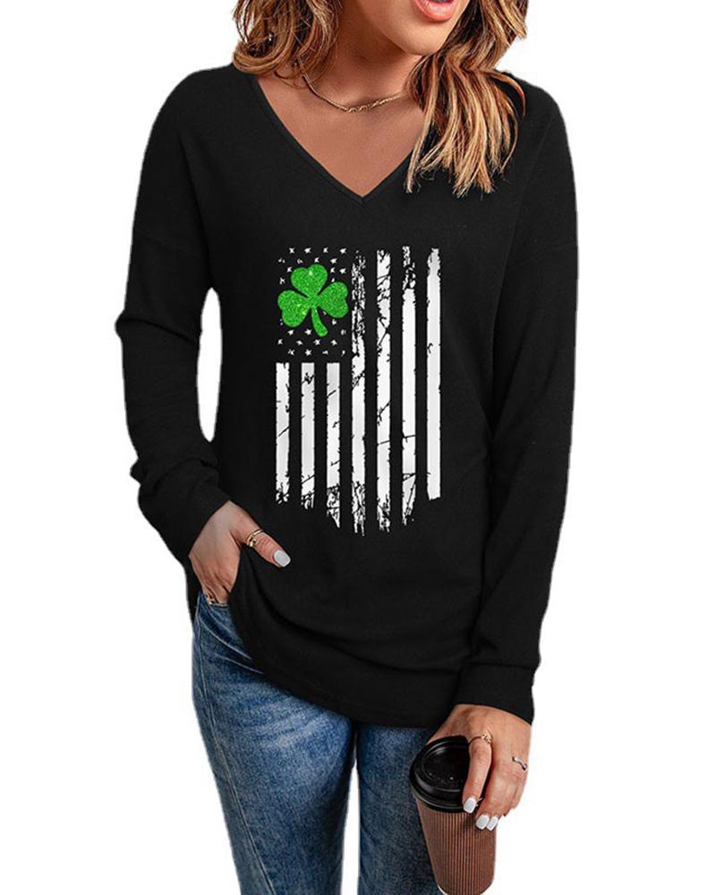 

St. Patrick' Day Clover Print Long Sleeve V-Neck Casual Top, Style1