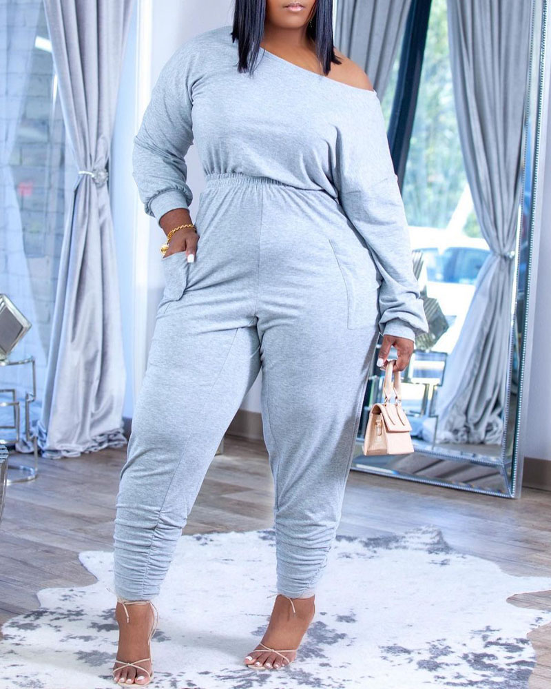 

Long Sleeve Pocket Detail Stacked Jumpsuit, Gray
