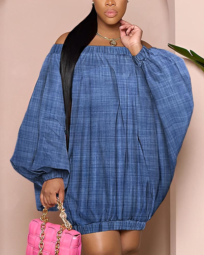 

Plus Size Denim Look Print Off Shoulder Casual Dress, Blue