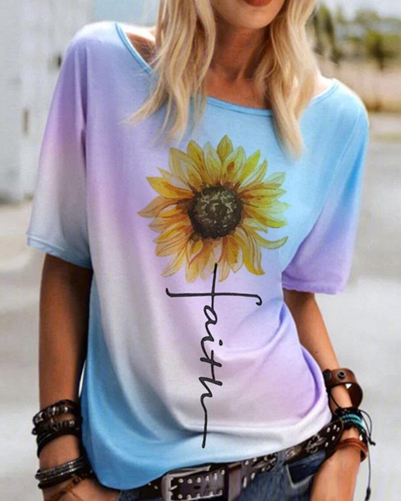 

Sunflower Letter Pattern Print Colorblock Casual T-shirt, Blue