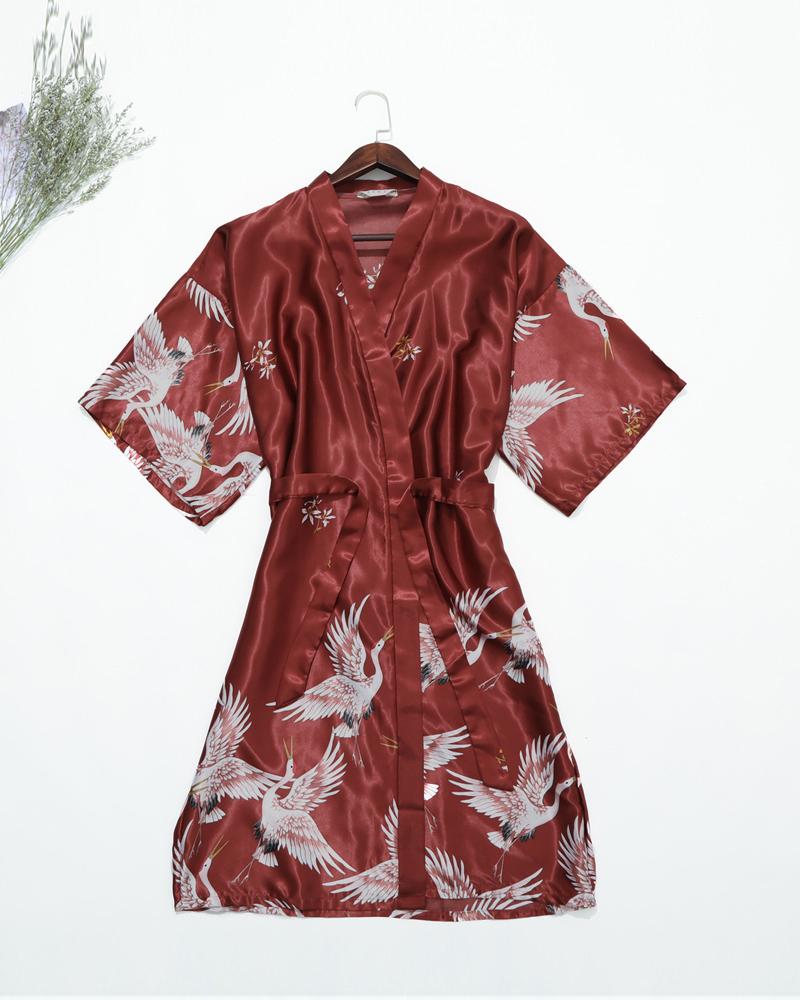 

Crane Print Belted Satin Robe, Red