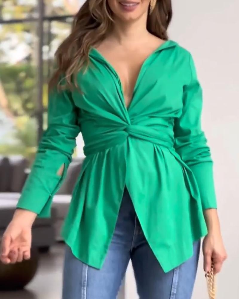 

Long Sleeve Ruched Twisted Top, Green