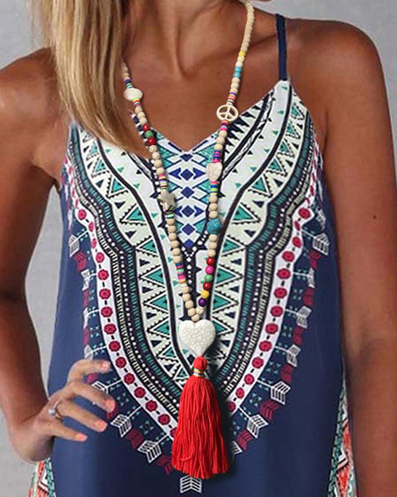 

1pc Bohemian Colorblock Beaded Tassel Design Pendant Necklace, Style5