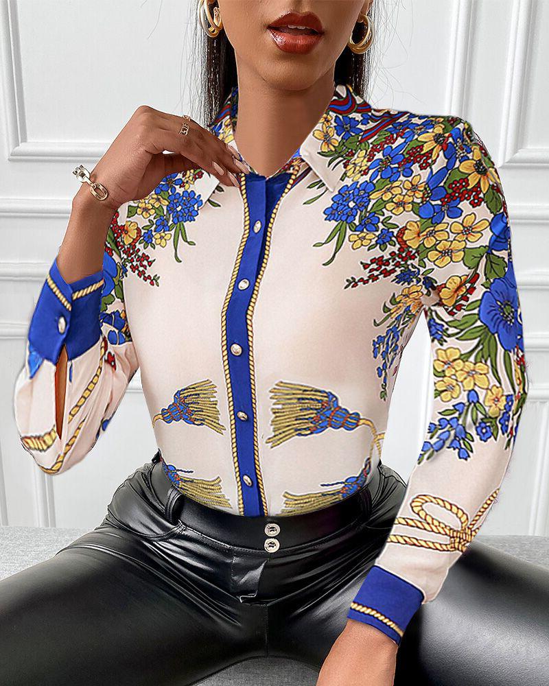 

Retro Patterns Print Long Sleeve Loose Button-up Blouse, Multicolor