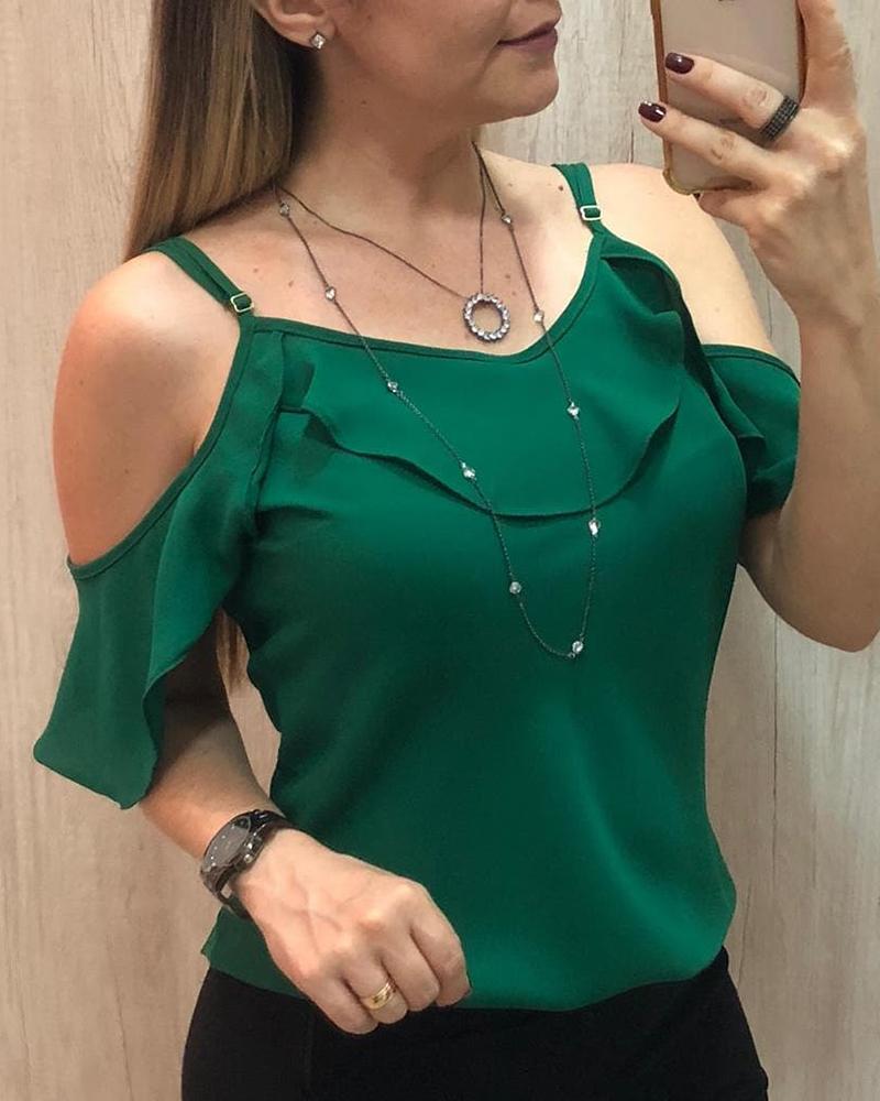 

Ruffle Hem Cold Shoulder Casual Top, Green