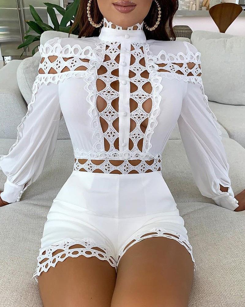 

Cutout Guipure Lace Patch Lantern Sleeve Romper, White