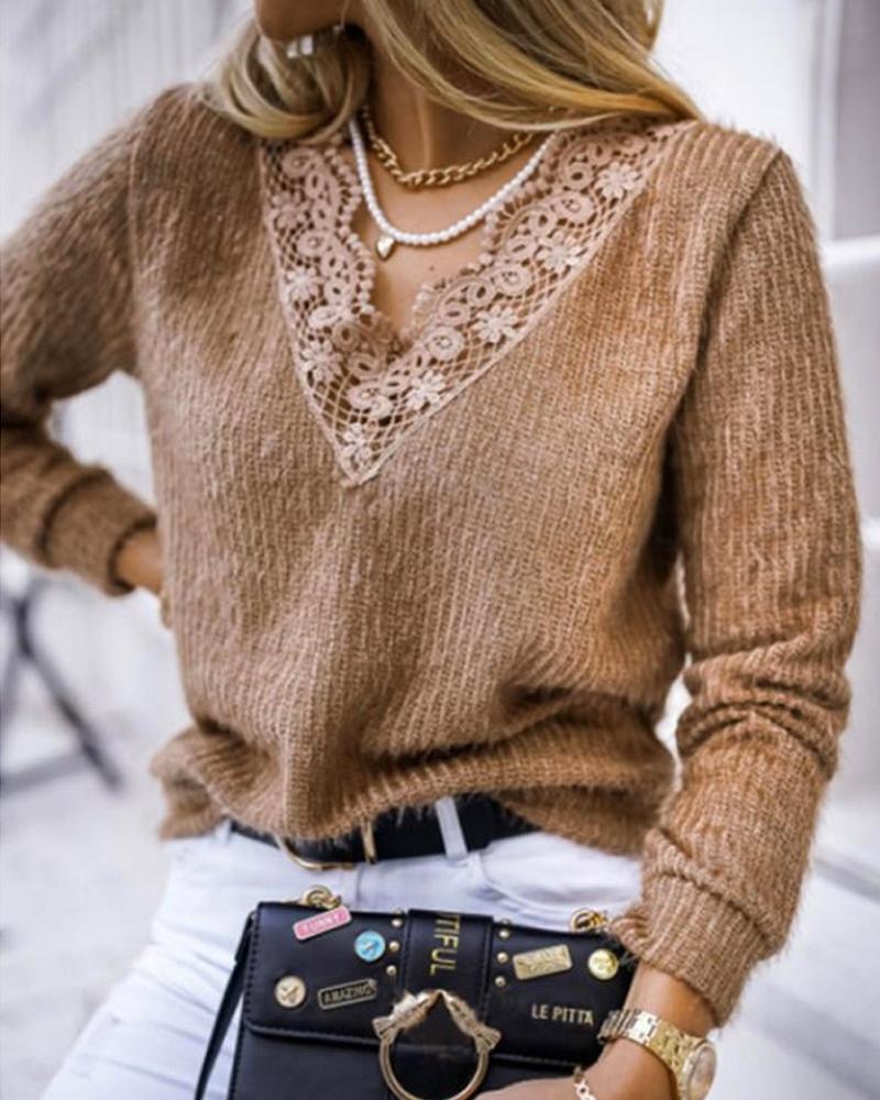 

Guipure Lace Patch V-Neck Sweater, Brown