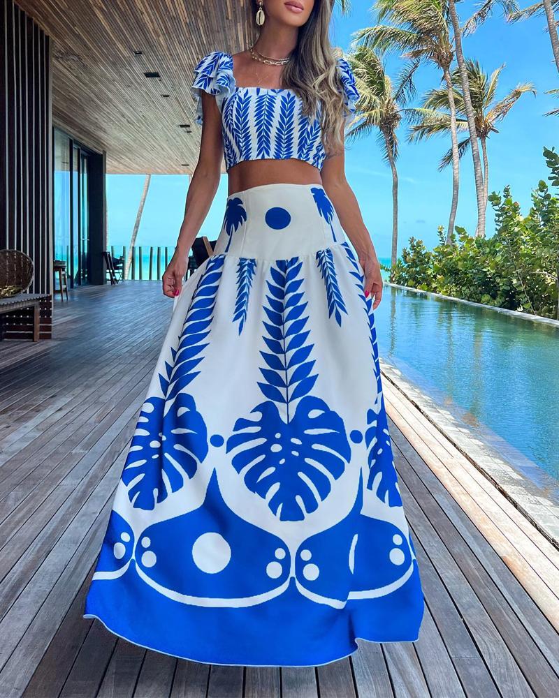 

Tropical Print Ruffle Hem Crop Top & Maxi Skirt Set, Blue