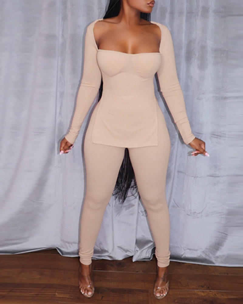 

Ribbed Long Sleeve Slit Top & Pants Set, Apricot