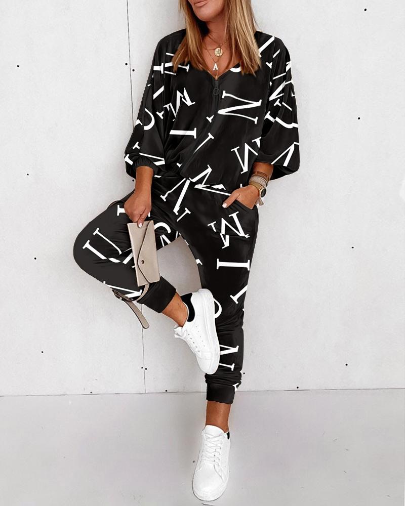 

Letter Print Lantern Sleeve Zip Front Top & Pants Set, Blackwhite