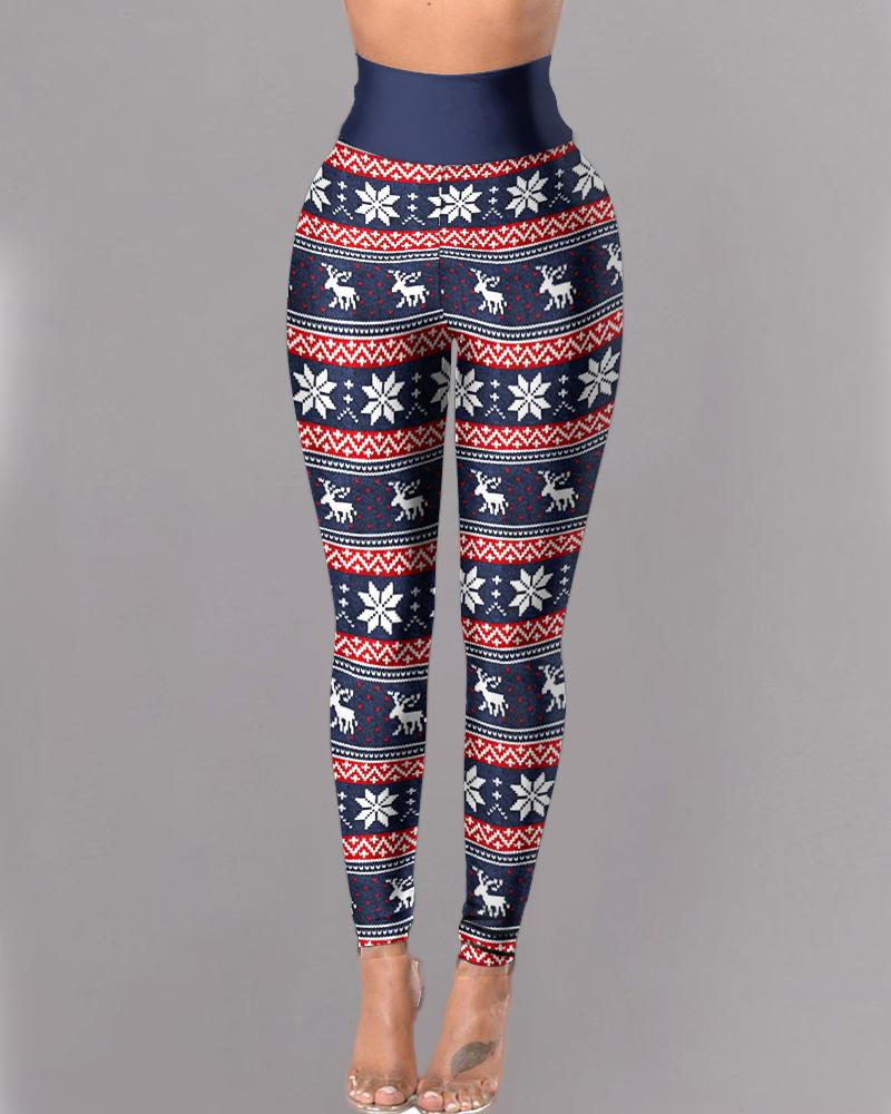 

High Waist Christmas Print Skinny Pants, Blue