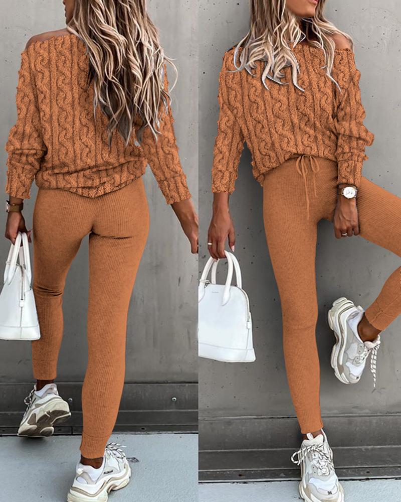 

Braid Textured Fluffy Long Sleeve Top & Pants Set, Apricot